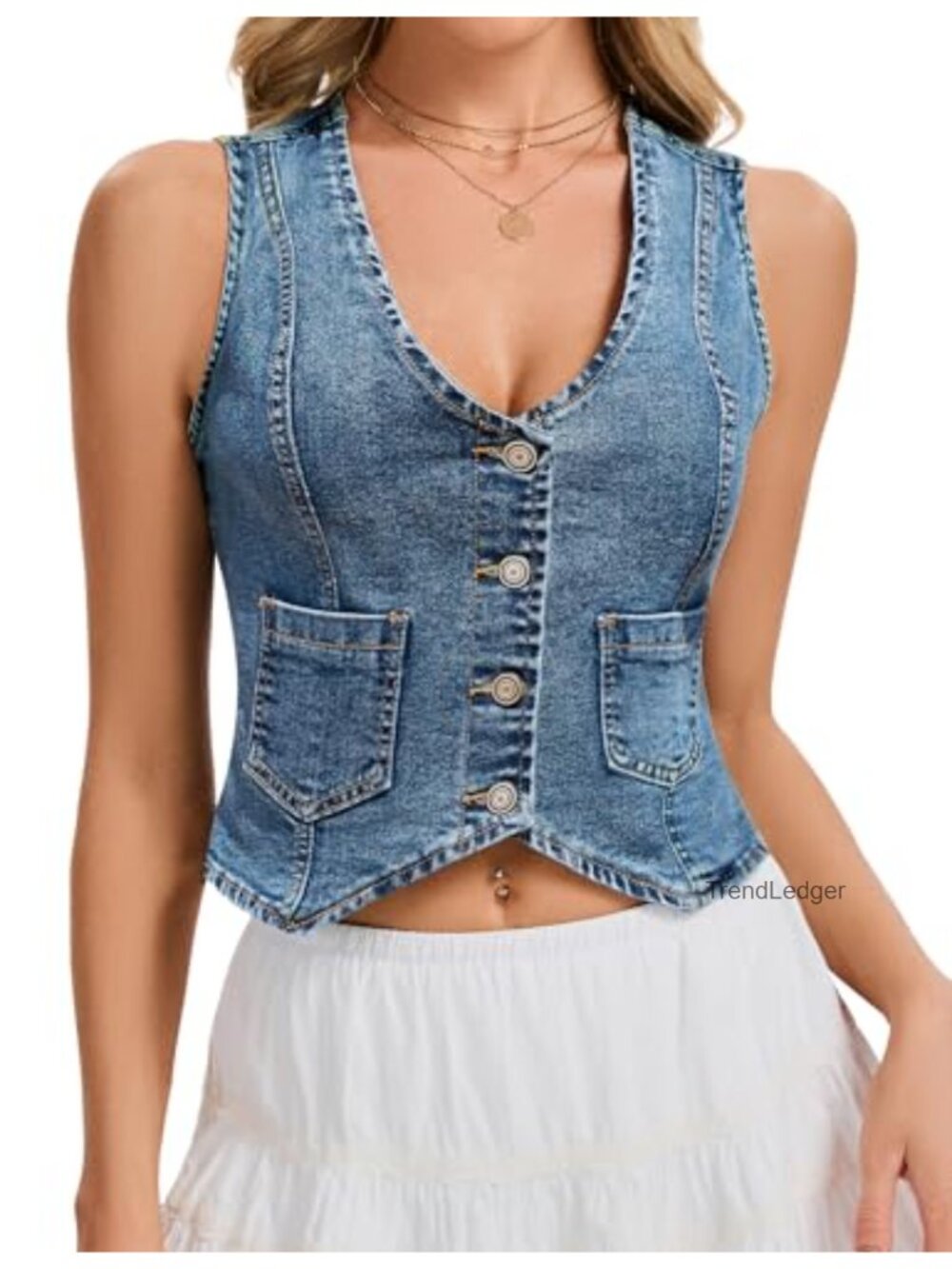 Cropped Denim Vest Sleeveless V-Neck Button Down Jean Top for Women